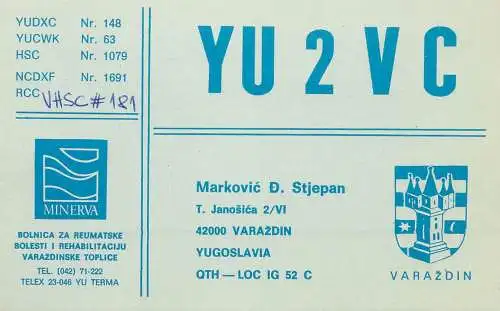QSL Card Yugoslavia Amateur Radio Station YU2VC Y03CD