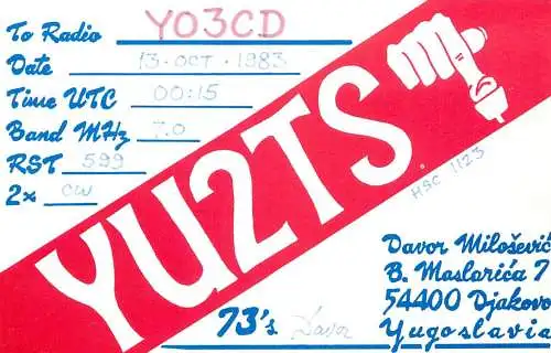 QSL Card Yugoslavia Amateur Radio Station YU2TS Y03CD Davor