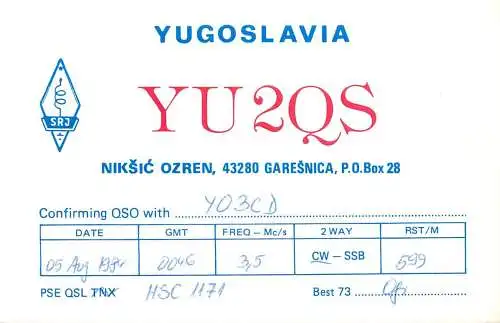 QSL Card Yugoslavia Amateur Radio Station YU2QS Y03CD Ogi
