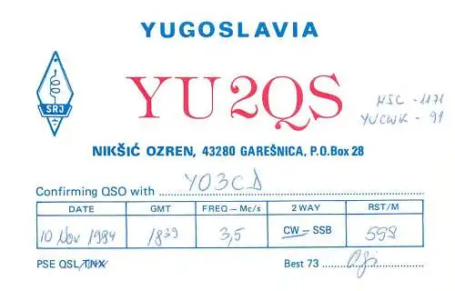 QSL Card Yugoslavia Amateur Radio Station YU2QS Y03CD Ogi