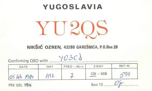 QSL Card Yugoslavia Amateur Radio Station YU2QS Y03CD Ogi