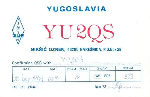 QSL Card Yugoslavia Amateur Radio Station YU2QS Y03CD Radovan Nesic