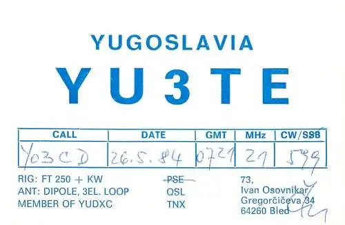 QSL Card Yugoslavia Amateur Radio Station YU3TE Y03CD