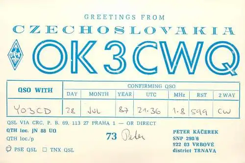 QSL Card Yugoslavia Amateur Radio Station OK3CWQY03CD Peter