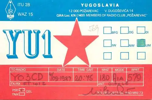 QSL Card Yugoslavia Amateur Radio Station YU1 Y03CD Milen