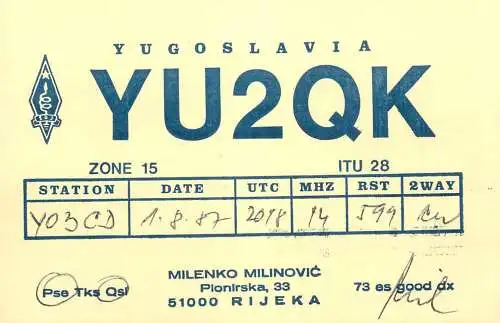 QSL Card Yugoslavia Amateur Radio Station YU2QK Y03CD