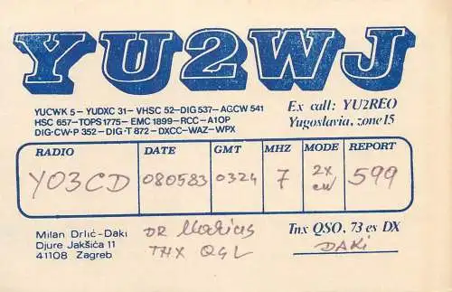 QSL Card Yugoslavia Amateur Radio Station YU2WJ Y03CD Marius Daki