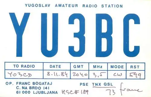 QSL Card Yugoslavia Amateur Radio Station YU3BC Y03CD Franc
