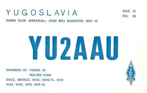 QSL Card Yugoslavia Amateur Radio Station YU2AAU Y03CD Daroi