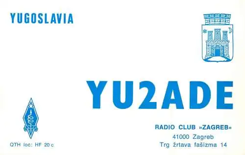QSL Card Yugoslavia Amateur Radio Station YU2ADE Y03CD Muso