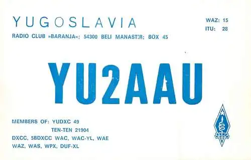 QSL Card Yugoslavia Amateur Radio Station YU2AAU Y03CD