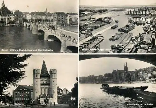 Sailing & navigation themed postcard Basel cargo barges bridge