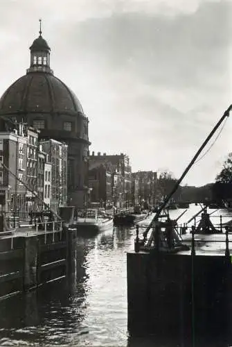 Sailing & navigation themed postcard Amsterdam Lutheran church chanel barge