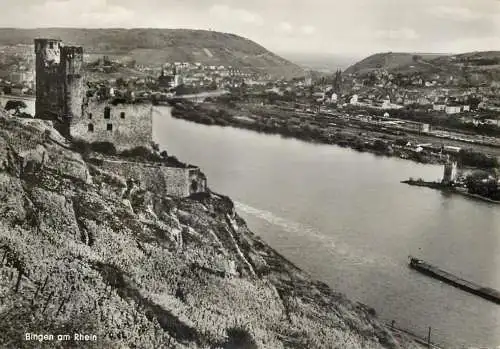 Sailing & navigation themed postcard Bingen am Rhein castle cargo barge
