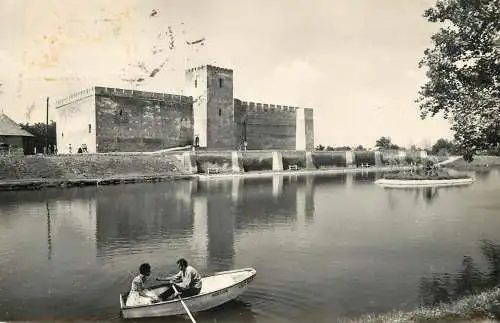 Sailing & navigation themed postcard Gyula castle rowboat