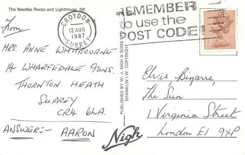 Sailing & navigation themed postcard UK Needles Rocks and Lighthouse 1987