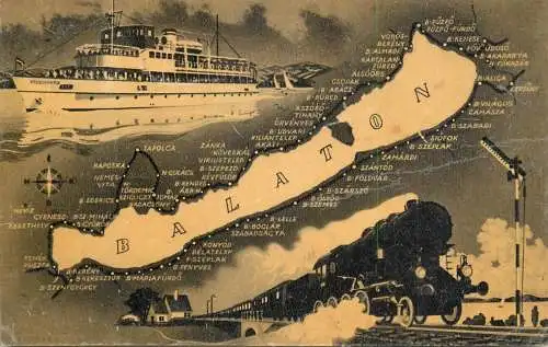 Sailing & navigation themed postcard Balaton cruise ship train