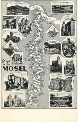 Sailing & navigation themed postcard Mosel map river Rhein