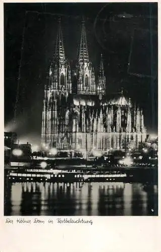 Sailing & navigation themed postcard Koln cathedral night scene cruise ship