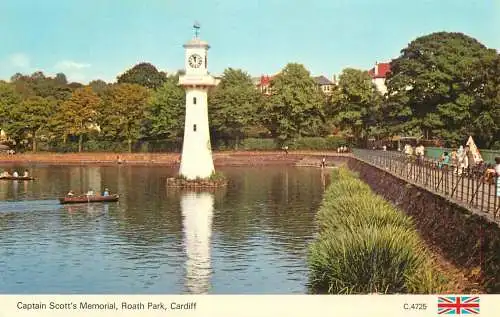 Sailing & navigation themed postcard UK Brixham harbour cargo boatCardiff Captain Scott's memorial Roath Park clocktower