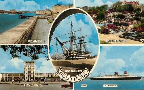 Sailing & navigation themed postcard UK Southsea S.S. America cruise shp H.M.S. Victory galleon