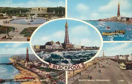 Sailing & navigation themed postcard UK Blackpool Devon pier tower tram boat