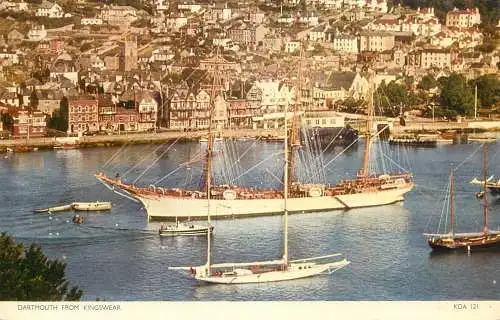 Sailing & navigation themed postcard UK Dartmouth scooner sailing vessel pier