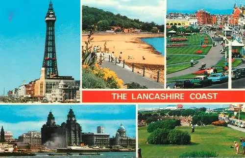 Sailing & navigation themed postcard UK Lancashire coast tower cruise ship barge