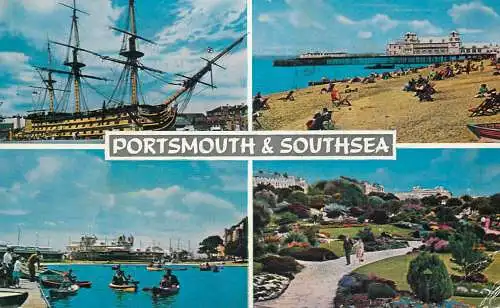 Sailing & navigation themed postcard UK Portsmouth Southsea galleon pier boat