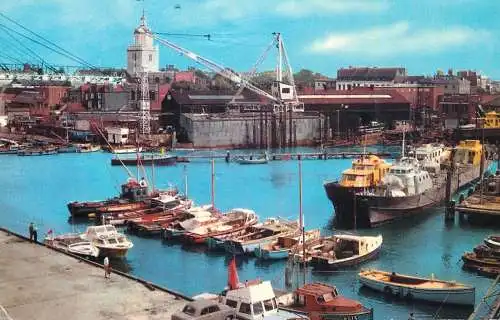 Sailing & navigation themed postcard UK Portsmouth Camber harbou crane tower cruise ship cargoboat