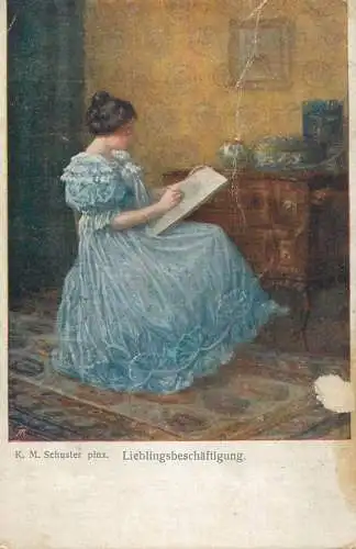 Fine art postcard painting K.M. Schuster Lieblingsbeschaftigung