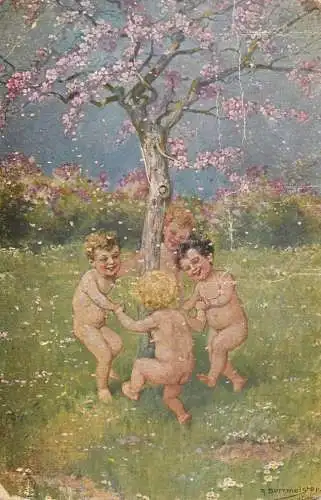 Fine art postcard painting R. Borrmeist children play