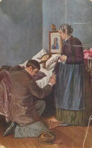 Fine art postcard painting J. Wiesmayer am krankenbett