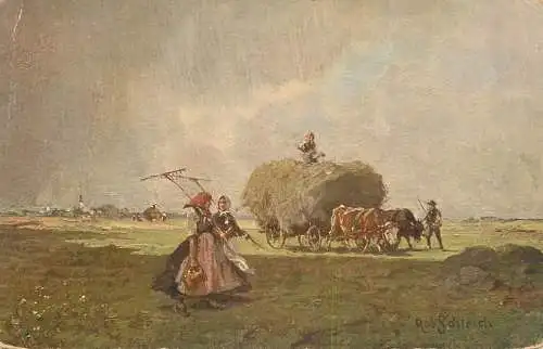 Fine art postcard painting R. Schleich Heuernte agricultural scene
