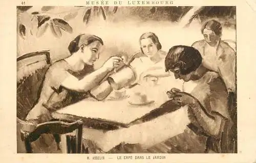 Fine art postcard painting M. Asselin le cafe dans le jardin