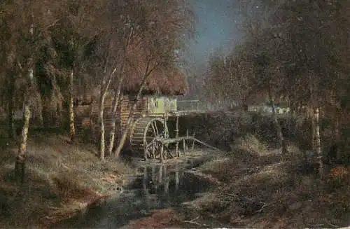 Vintage fine art postcard painting J. Woelz moonnight