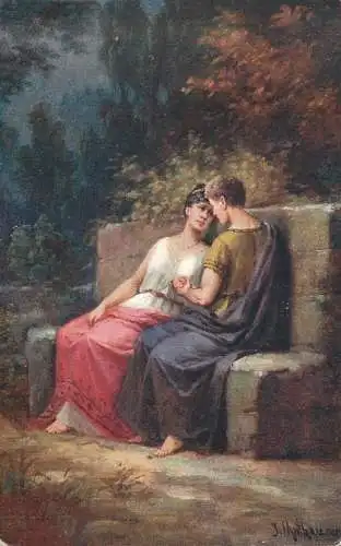 Vintage fine art postcard painting J. Mathauser sekretne zapytanie