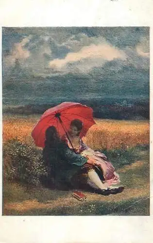 Vintage fine art postcard painting J. Manes im sommer red umbrella