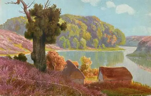 Postcard illustrators painting Germany lake banks and house