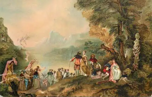 Postcard illustrators painting Antoine Watteau l'embarquement pour Cythere