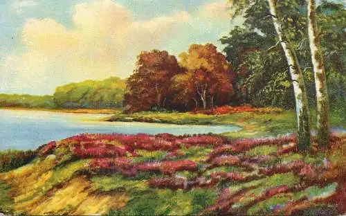 Postcard illustrators painting lake banks landscape