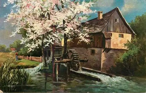 Postcard illustrators painting water mill