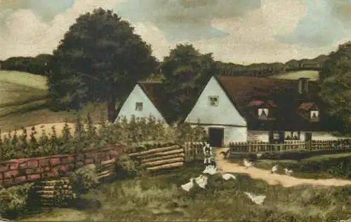 Postcard illustrators painting large house goose