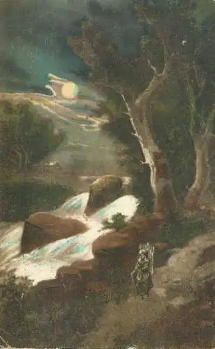 Postcard illustrators painting mountain river waterfall rapids forest wood carrier