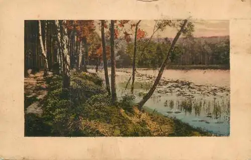 Postcard illustrators painting lake scene and forest