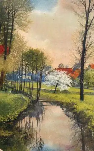 Postcard illustrators painting river tree in bloom