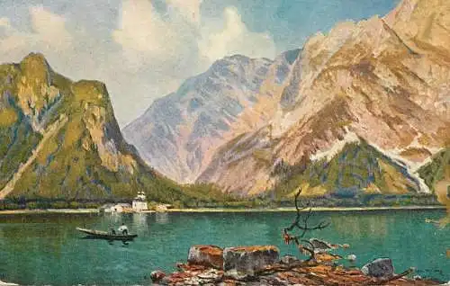 Postcard illustrators painting lake and boat mountain scene