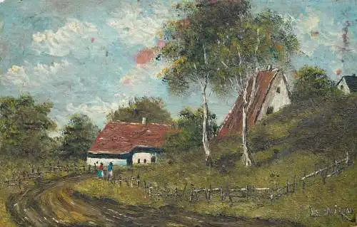 Postcard illustrators painting village scene