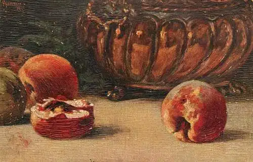 Postcard illustrators painting still nature and fruits