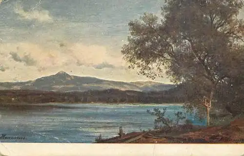 Postcard illustrators painting lake coast